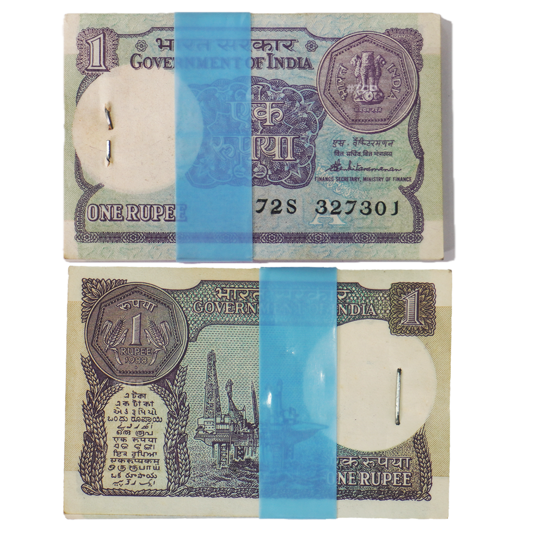 One Rupee Note 1988 — S. Venkitaramanan — One Rupee note from 1988, serial number range 327301-327400 with prefix 72S and inset letter A, signed by S. Venkitaramanan.