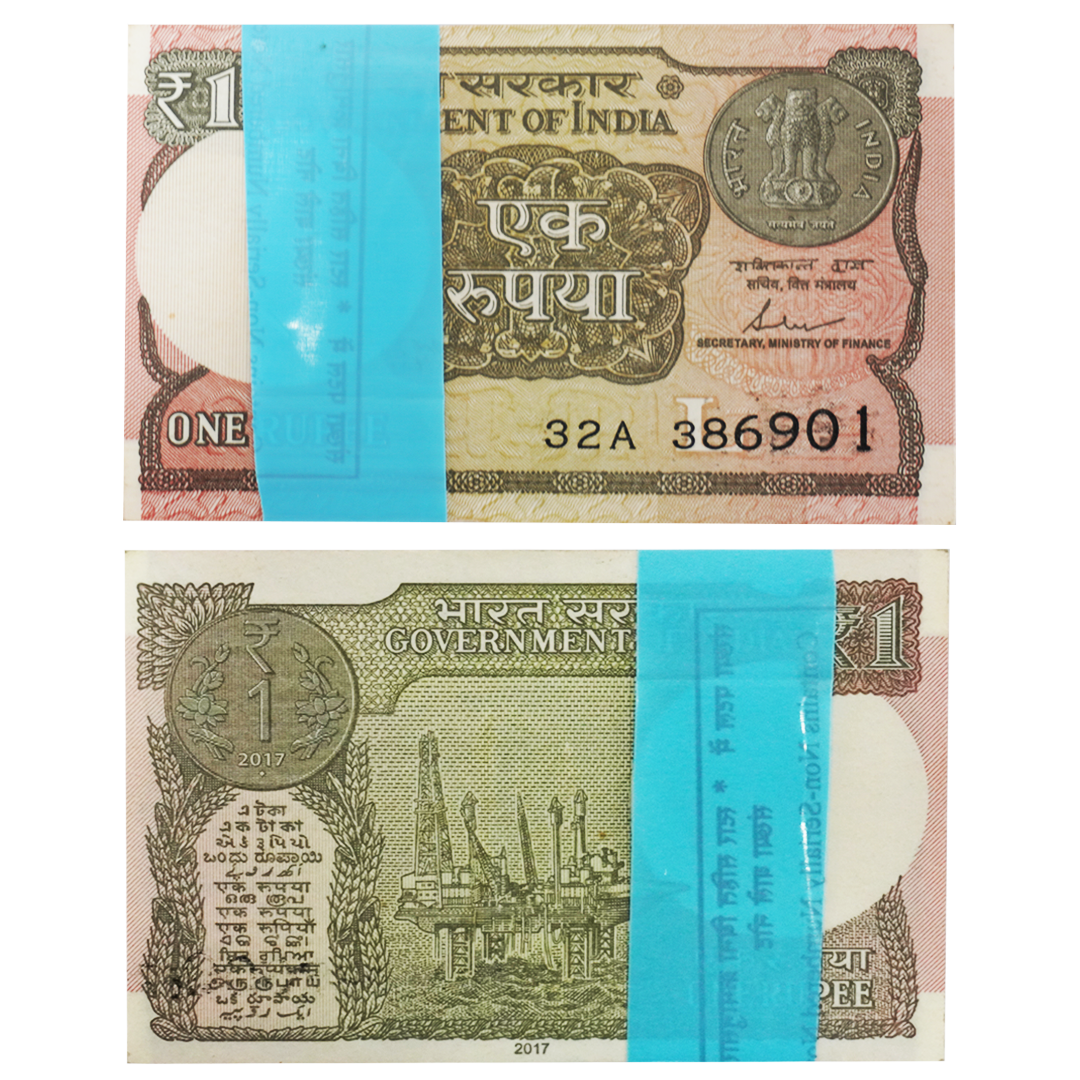 One Rupee Note 2017 — Shaktikanta Das — One Rupee note from 2017, serial number range 386901-387000 with prefix 32A and inset letter L, signed by Shaktikanta Das.