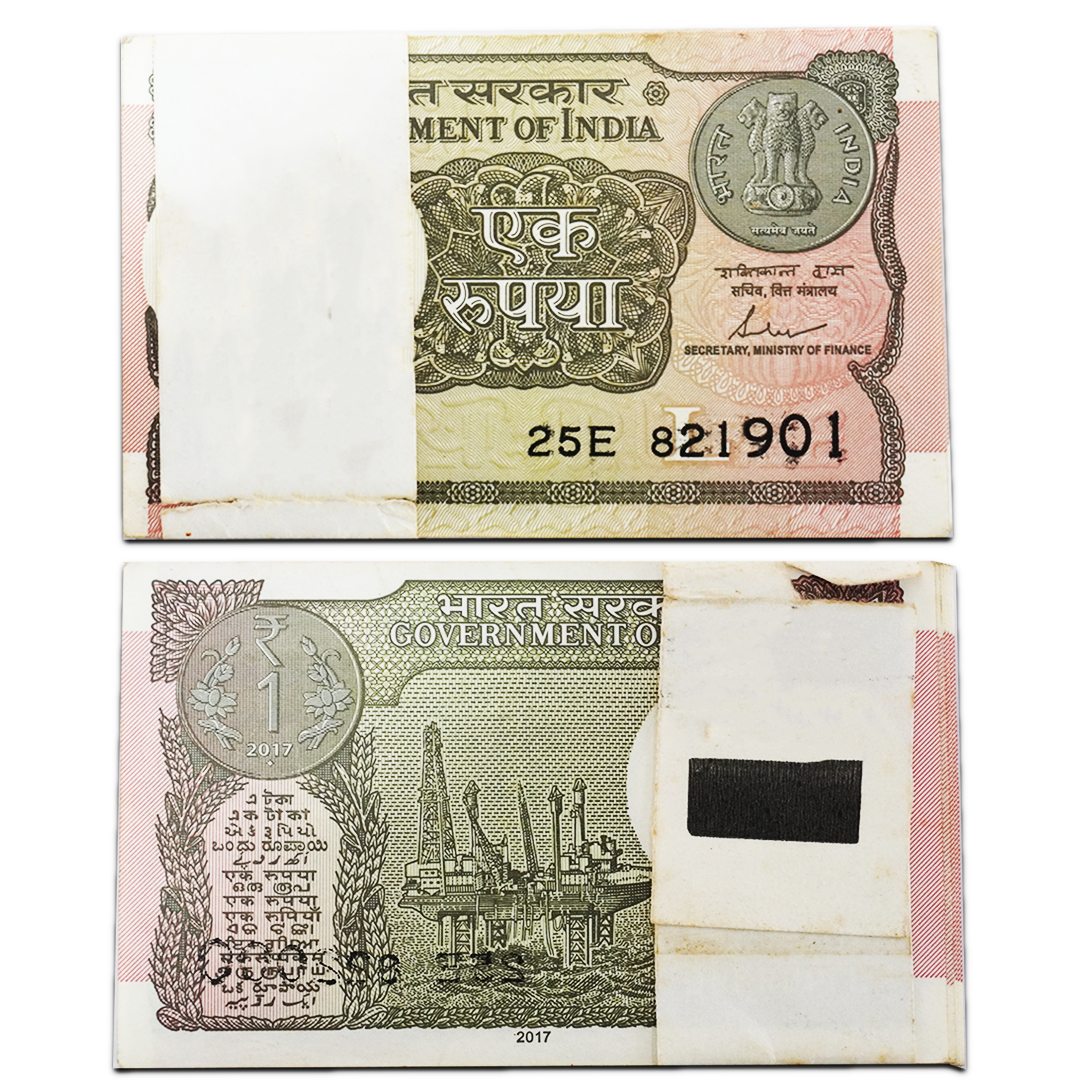 One Rupee Note 2017 — Shaktikanta Das — One Rupee note from 2017, serial number range 821901-822000 with prefix 25E, signed by Shaktikanta Das.