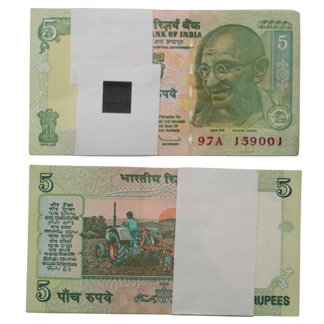 Five Rupees Note 2009 — Serial 97A 159001–159100 (D. Subbarao) — Five Rupees banknote dated 2009, serial number 97A 159001–159100, inset letter L, signed by Governor D. Subbarao.